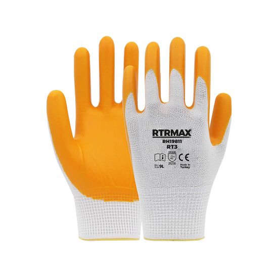 Rtrmax Nitril Kaplı Polyester Eldiven (9" - Beyaz/Sarı) resmi